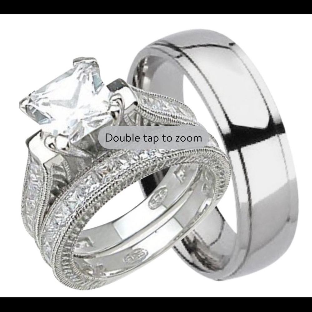Wedding Ring Set Matching Trio Bands forHim (Titanium) & Her(Sterling Silver)